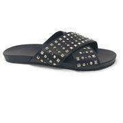 Gucci Vacchetta Austin slides in black leather crisscross design with silver studs.