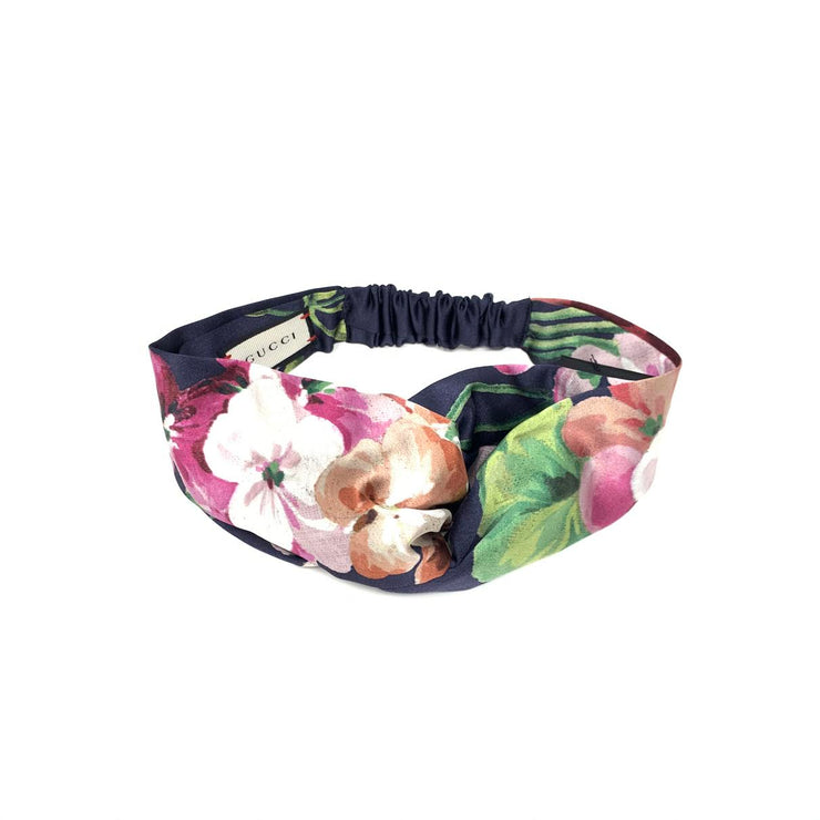 Gucci Silk Duchesse Headband Floral Navy Blue Pink Consignment Shop From Runway With Love