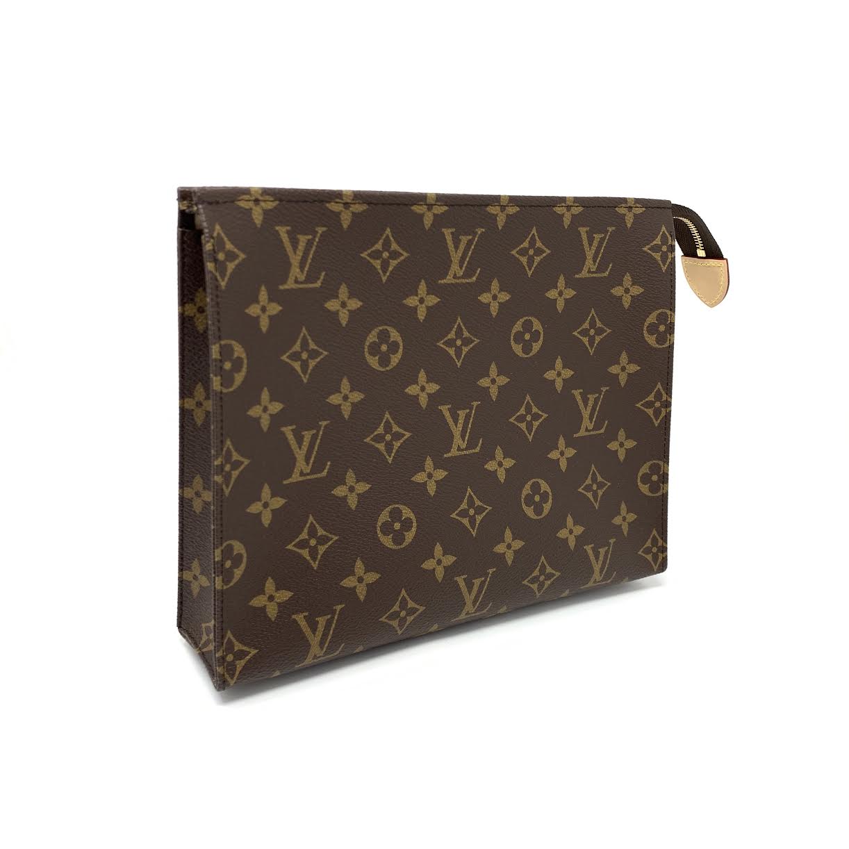 Sold at Auction: The LOUIS VUITTON Toiletry 26 Zip Pouch in Monogram.  Golden-tone zip closure with leather tab. Interior flat pocket. Come with a  dust bag and original box. W35cm X H20cm