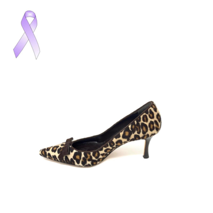 Manolo Blahnik leopard print heels pony hair designer consignment From Runway With Love Cancer research Charity donation