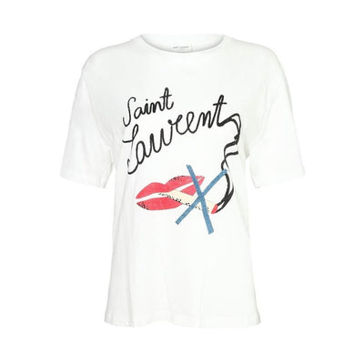 Saint Laurent White No Smoking Crew Neck T-Shirt Red Lips Consignment Shop From Runway With Love