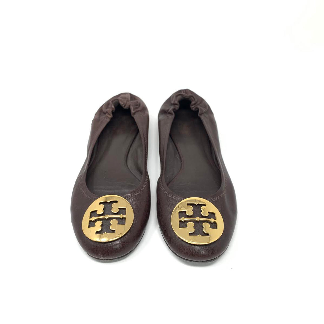 Tory Burch Reva Leather Ballet Flats retail Black & Gold Tone Size 7